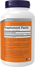 NOW Foods GABA (Ácido Gamma-Aminobutírico) 750 mg, 200 Cápsulas Vegetales
