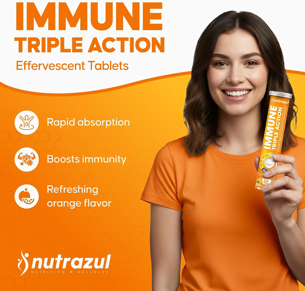 nutrazul Immune Triple Action Comprimidos Efervescentes con Vitamina C 1000mg, Vitamina D, Zinc, Sin Gluten, Sin Azúcar, Sin Lactosa, Sabor Naranja, 20 Comprimidos (Pack de 3)