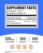 Cápsulas de Vitamina B12 (Cianocobalamina) 200 mcg - 500 Cápsulas - BulkSupplements.com