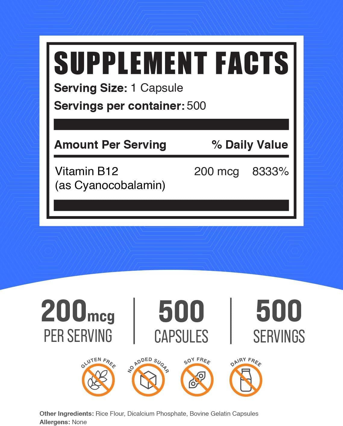 Cápsulas de Vitamina B12 (Cianocobalamina) 200 mcg - 500 Cápsulas - BulkSupplements.com