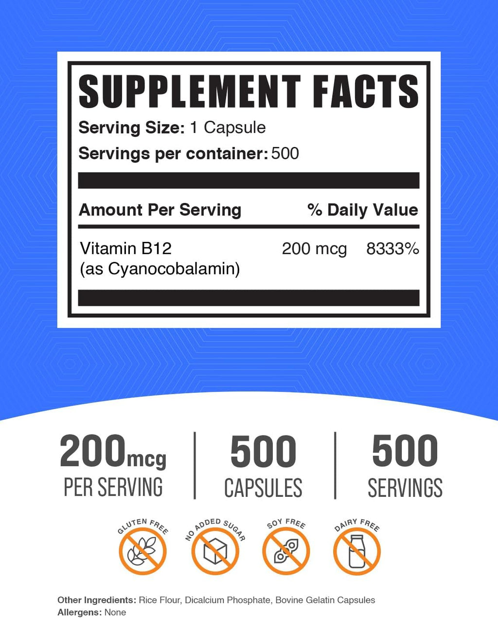 Vitamina B12 Cápsulas - Cianocobalamina 200 mcg, 500 Cápsulas