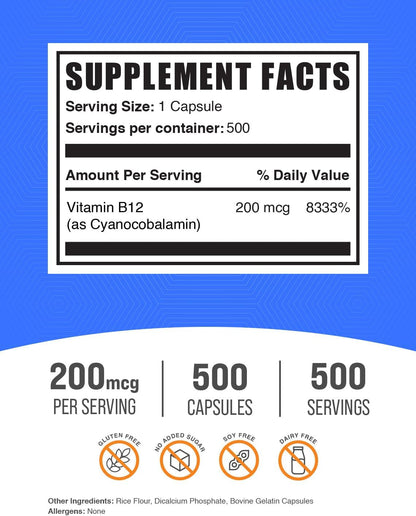 Vitamina B12 Cápsulas - Cianocobalamina 200 – Contribuye al metabolismo energético normal. – Image 2