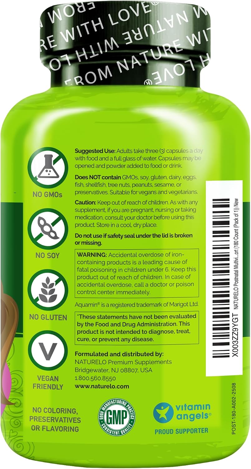 NATURELO Multivitamínico Postnatal - Complemento para Madres Lactantes - 180 Cápsulas (Pack de 2)