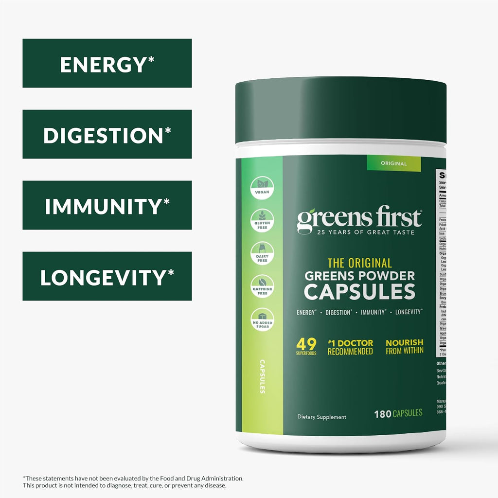Greens First Cápsulas de Fitonutrientes - 49 Superalimentos Ricos en Antioxidantes con Frutas y Verduras Orgánicas, Prebióticos, Probióticos y Enzimas Digestivas - 180 Cápsulas
