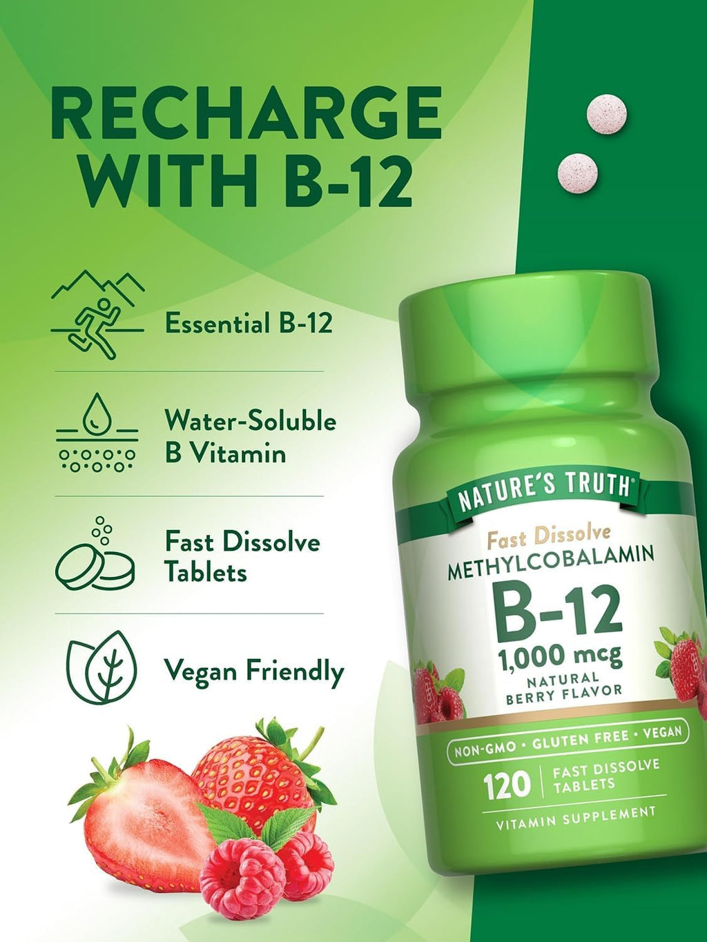Nature's Truth Vitamina B-12 Metilcobalamina 1000 mcg, Comprimidos de Disolución Rápida, Sabor Natural a Bayas, 120 Comprimidos (Pack de 3)