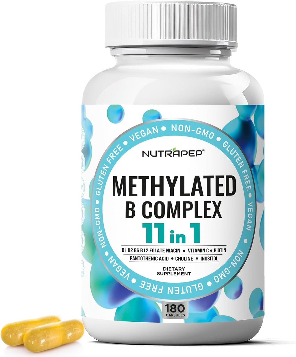 NutraPep Complejo B Metilado - Vitaminas B Completo con B9 5-MTHF B6 B12 - Apoyo Energía, Cerebro y Corazón - Vegano Sin Gluten Sin Azúcar - 180 Cápsulas