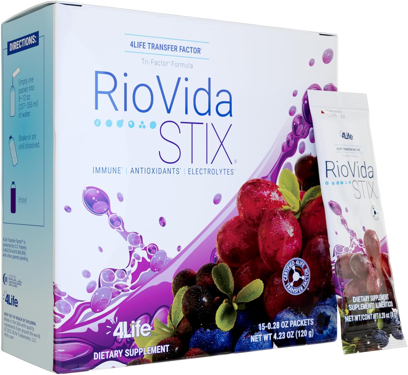 4Life RioVida Stix Superfruit Blend for Immune System, 15 Packets | Acai, Blueberry, Elderberry, Grape, Pomegranate, Electrolytes