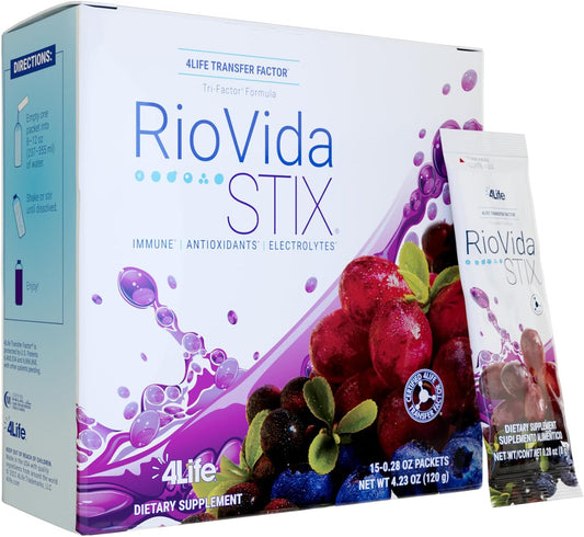 4Life RioVida Stix Mezcla de Superfrutas para el Sistema Inmunitario, 15 Sobres | Acai, Arándano, Saúco, Uva, Granada, Electrolitos