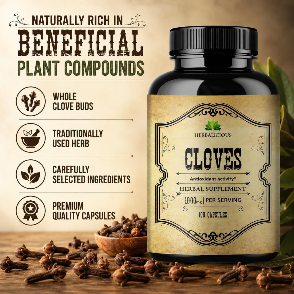Cápsulas de Clavo - Suplemento Natural - Rico en Vitaminas, Minerales, Manganeso, Fibra - Puede Ayudar a la Digestión y Fortalecer los Huesos - 100 Cápsulas
