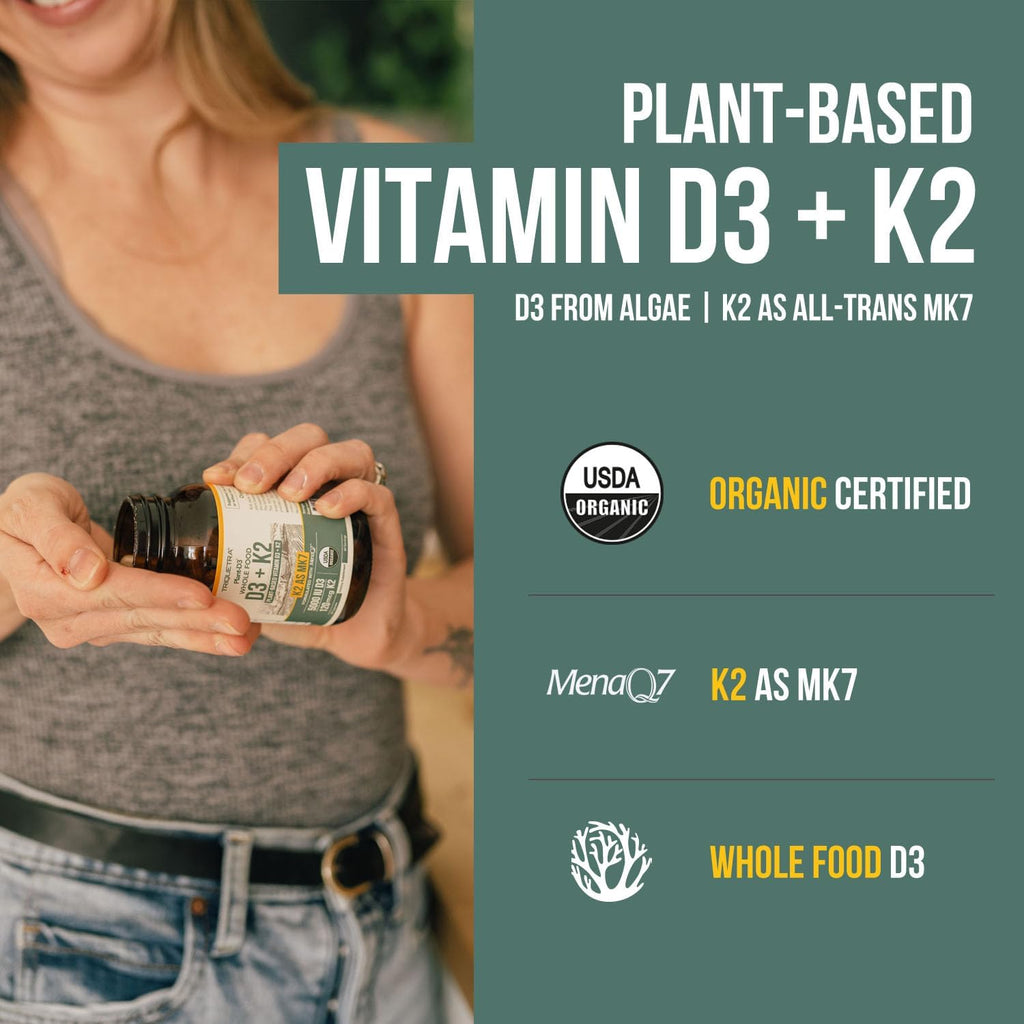 Organic Plant D3 + K2 | 5000 UI D3 + 120 mcg K2 All-Trans MK7 de MenaQ7® - 100% Alimento Integral, Crudo y Vegano | Prebiótico y Superfood Complex – D3 de Algas Orgánicas (60 Cápsulas)