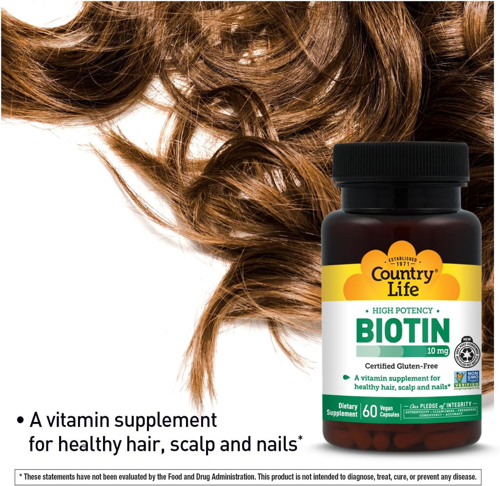 Country Life Biotina 10000 mcg (10 mg) - 60 Comprimidos - Suplemento para Cabello, Piel y Uñas