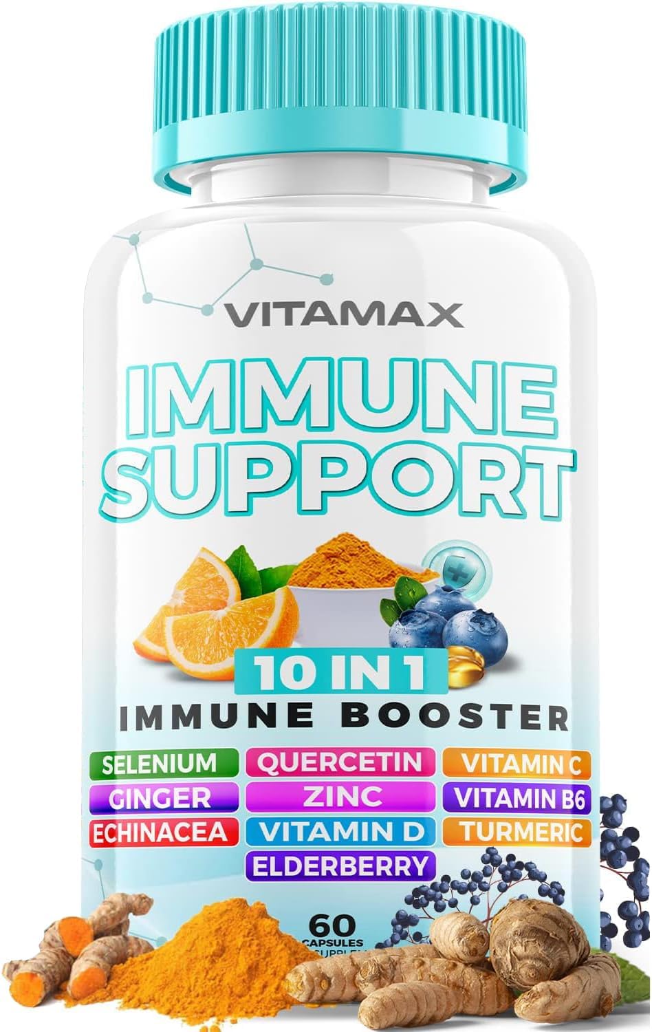 Vitamax 10-en-1 Defensa Inmunológica con Saúco, D3, Selenio, Quercetina, Zinc, Vitamina C, Jengibre, Cúrcuma, B6, Equinácea – 60 Cápsulas