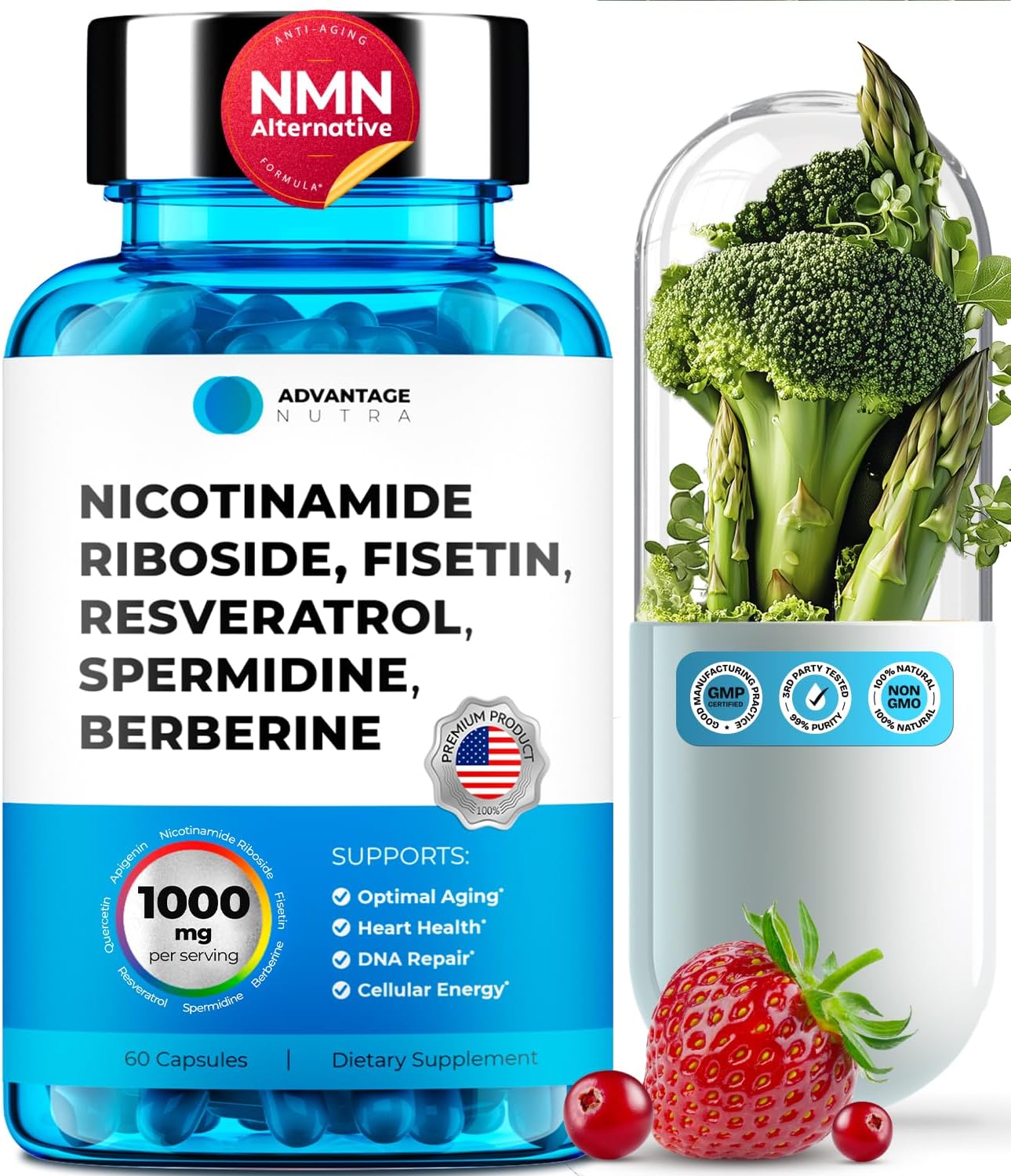 Complejo Liposomal NR con Resveratrol, Fisetina, Espermidina y Berberina - 500mg, 60 Cápsulas