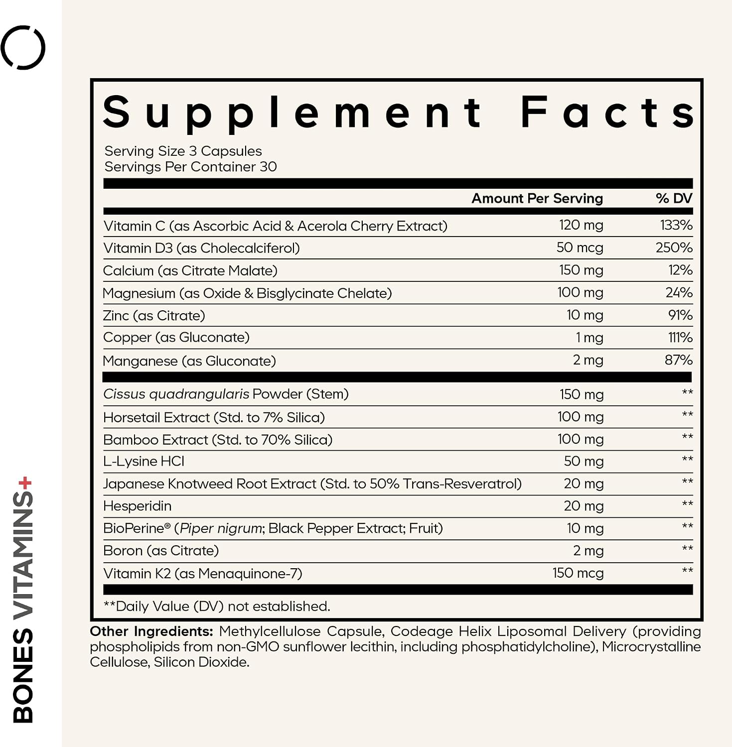 Codeage Bones Vitamins+ - Vitamina D3 K2, Calcio, Magnesio, Zinc (90 Cápsulas)
