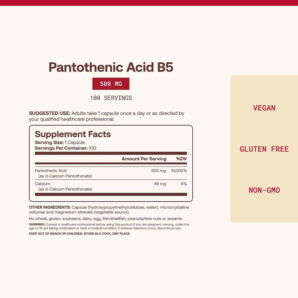 Jarrow Formulas Ácido Pantoténico B5 500 mg, 100 Cápsulas Vegetales