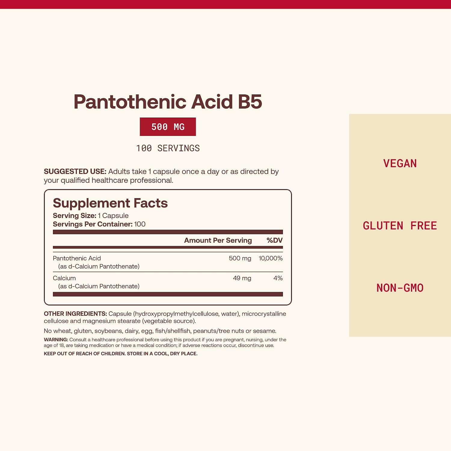 Jarrow Formulas Ácido Pantoténico B5 500 mg, 100 Cápsulas Vegetales