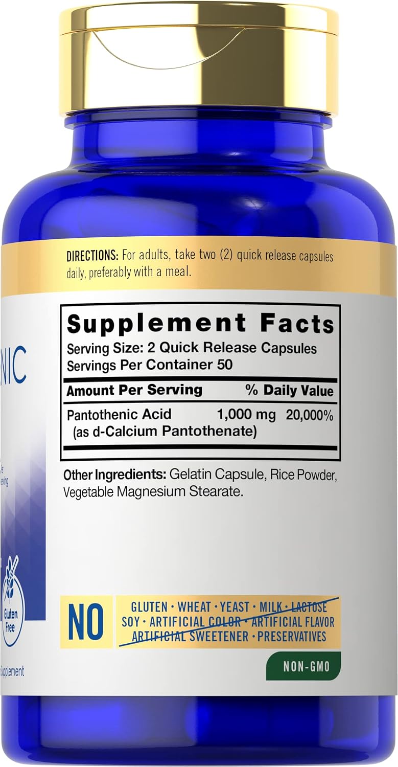 Carlyle Ácido Pantoténico Vitamina B5, 1000 mg, 100 Cápsulas - Sin OGM, Sin Gluten