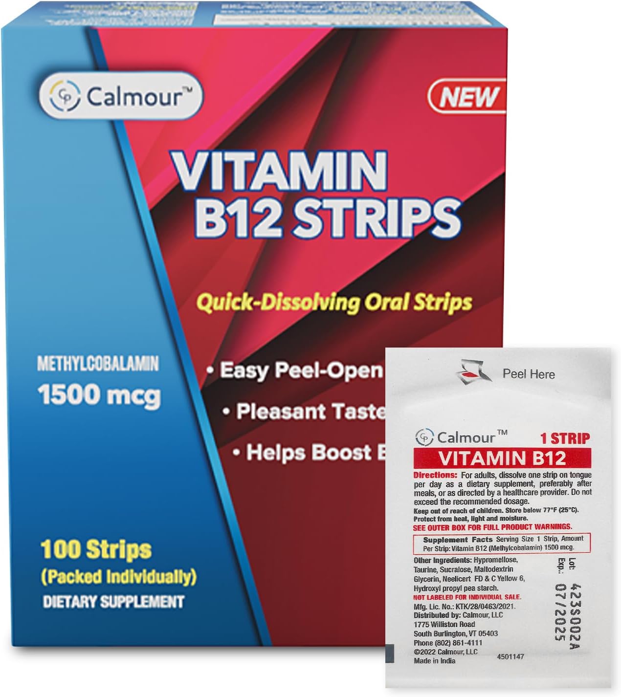 CALMOUR Vitamina B12 en Tiras 1500 mcg - Metilcobalamina - 10 unidades - Sabor Menta - Vegano y Sin Gluten