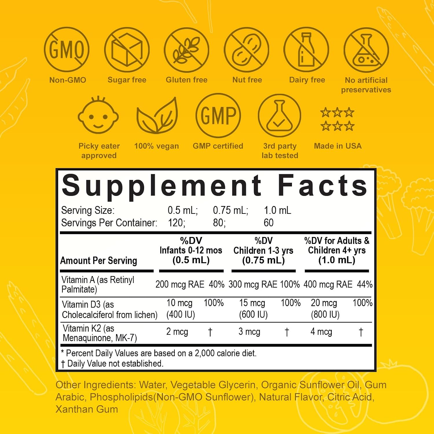 Nuvamin Gotas Líquidas Liposomales de Vitamina A, D3 y K2 para Bebés, Niños y Adultos - 800 UI/mL, 60 ml, Sabor Limón