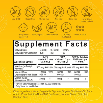 Nuvamin Gotas Líquidas Liposomales de Vitamina A, D3 y K2 para Bebés, Niños y Adultos - 800 UI/mL, 60 ml, Sabor Limón – Image 6