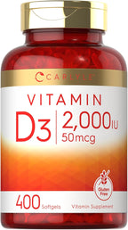 Carlyle Vitamina D3 2000 UI Cápsulas Blandas | 400 Unidades | No-GMO, Sin Gluten | 50 mcg | Suplemento de Vitamina D