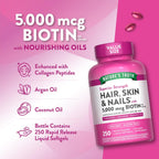 Nature's Truth Vitaminas para Cabello, Piel y Uñas | 5000mcg | 250 Cápsulas Blandas | Colágeno, Biotina y Aceite de Coco | Sin Gluten y No OGM