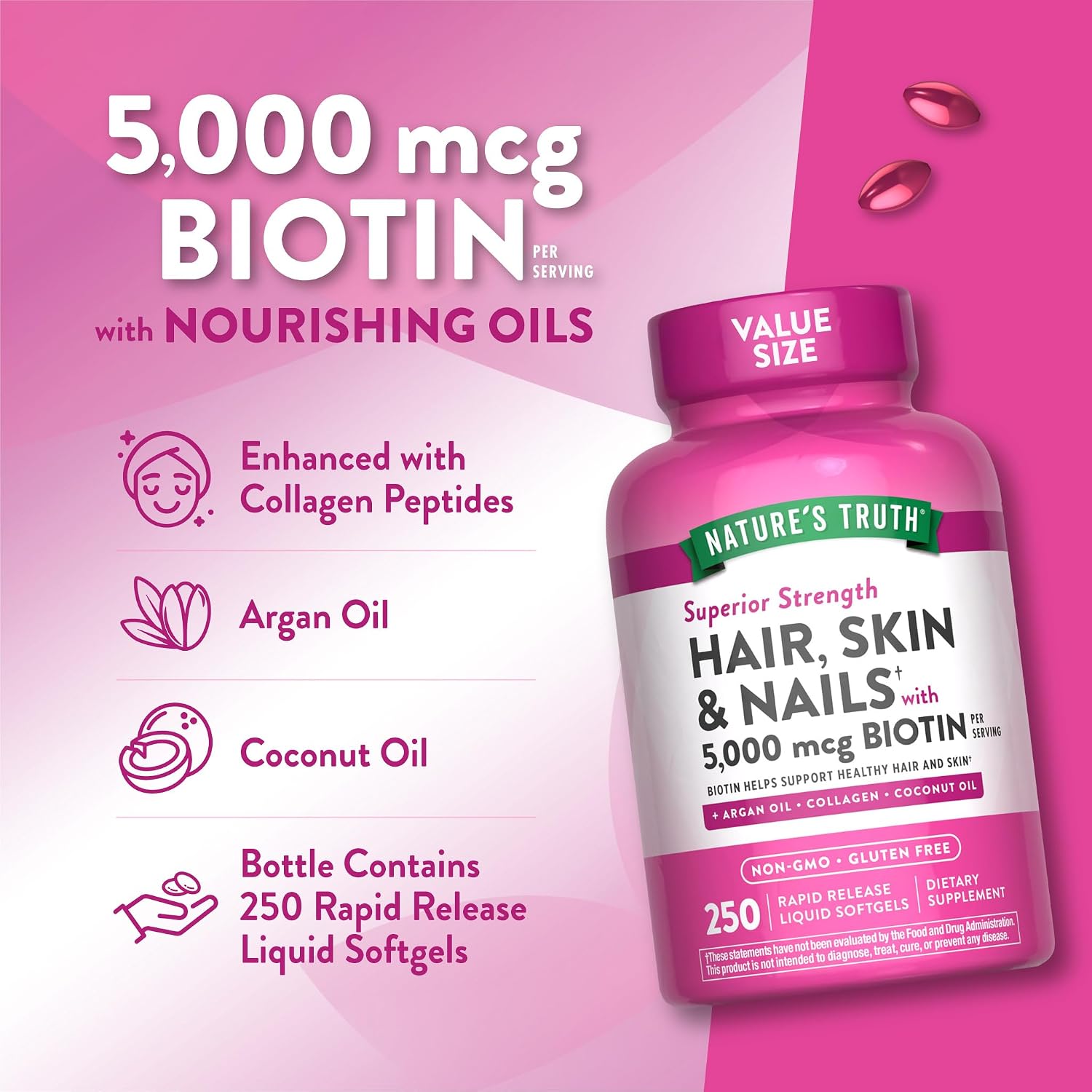 Nature's Truth Vitaminas para Cabello, Piel y Uñas | 5000mcg | 250 Cápsulas Blandas | Colágeno, Biotina y Aceite de Coco | Sin Gluten y No OGM