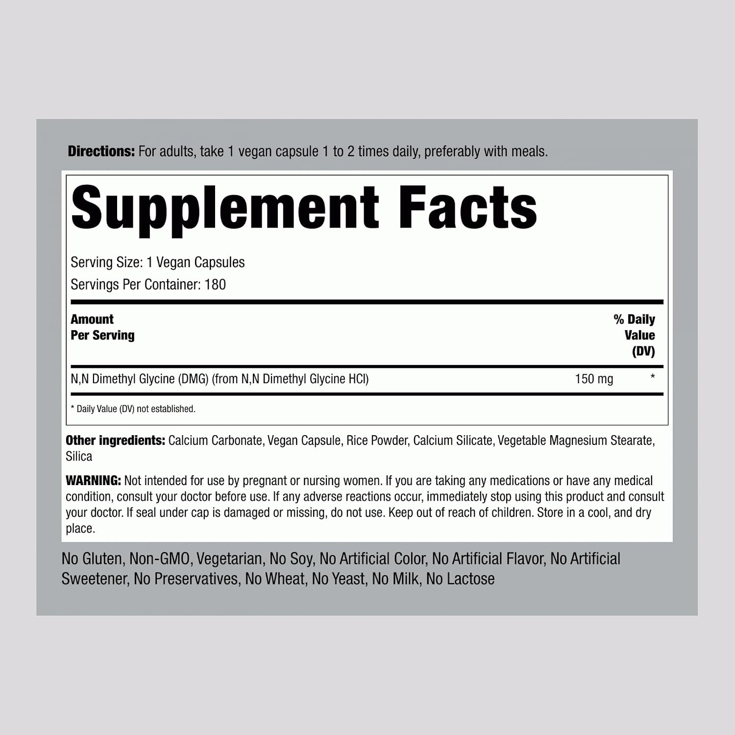 Piping Rock DMG (B-15) Suplemento, 150 mg, 180 Cápsulas - Dimetilglicina HCl, No-GMO, Sin Gluten