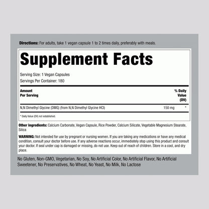 Piping Rock DMG (B-15) Suplemento, 150 mg, 180 Cápsulas - Dimetilglicina HCl, No-GMO, Sin Gluten – Image 2