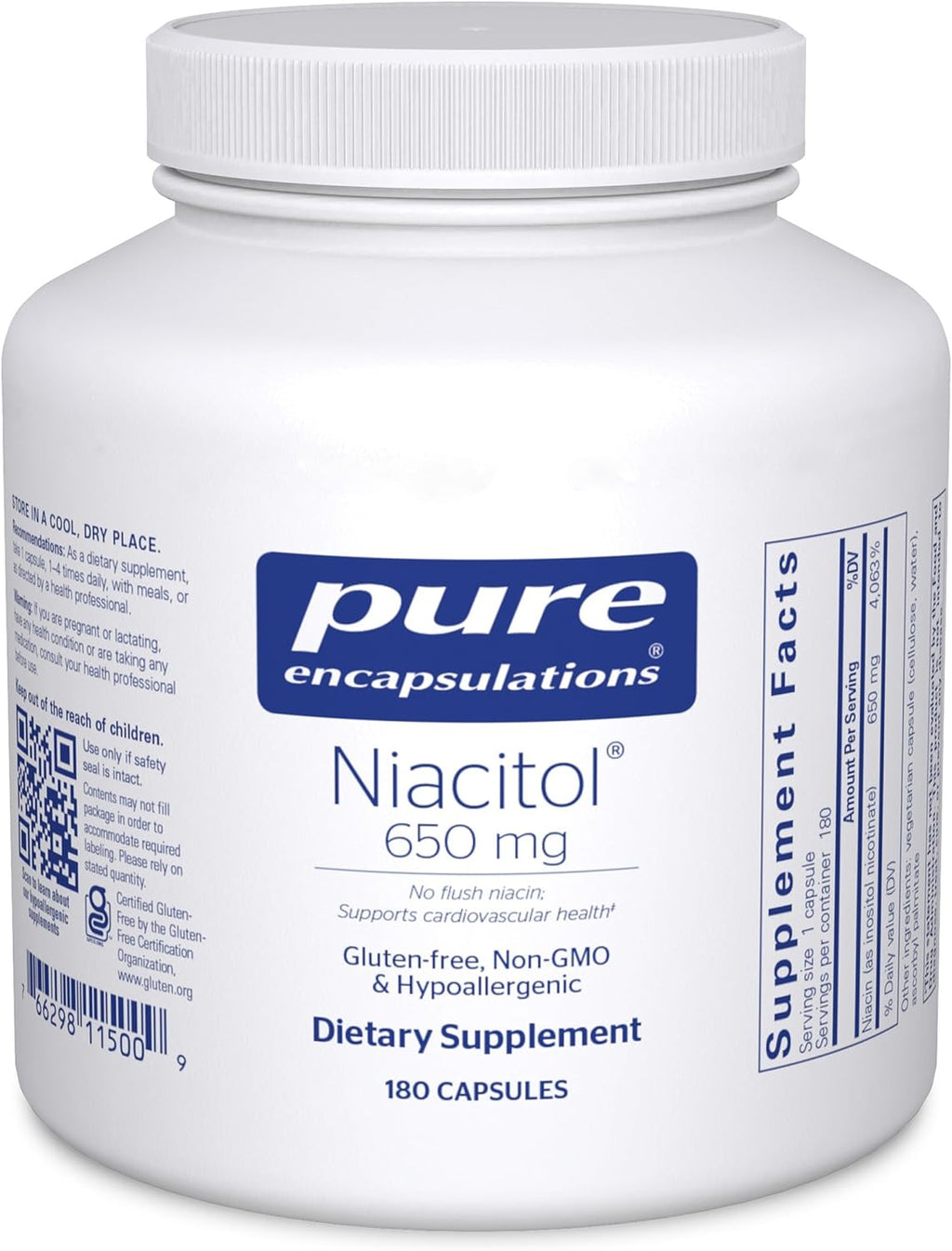 Pure Encapsulations Niacitol 650 mg | Niacina sin rubor para el metabolismo y la salud de la piel | 180 cápsulas
