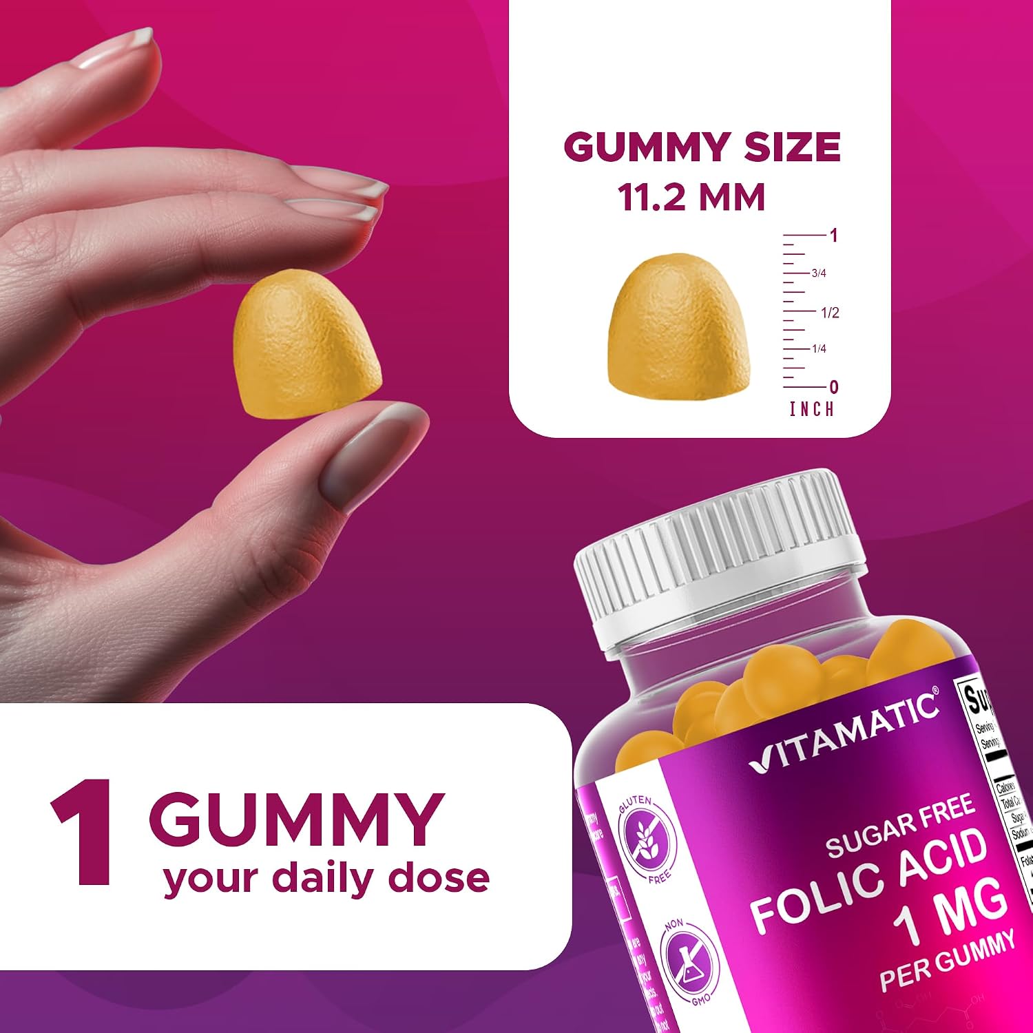 Vitamatic Ácido Fólico Gominolas 1000 mcg (1 mg) – Vitamina B9 (1667 mcg DFE) – Sin Azúcar – Sabor Naranja Natural – Vegano – 120 Gominolas