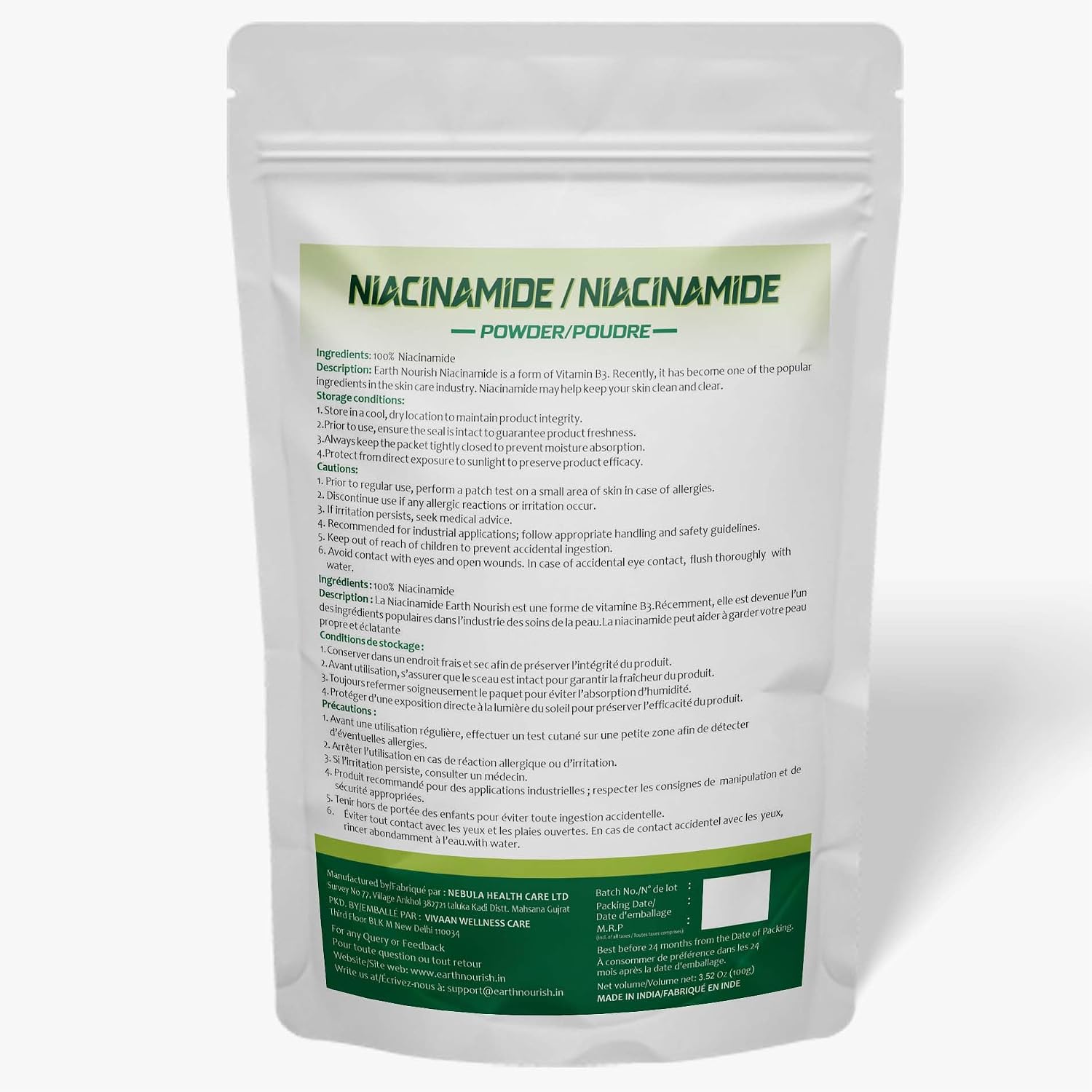 Earth Nourish Niacinamide Powder 3.52 oz / 100g – Grado Cosmético para DIY