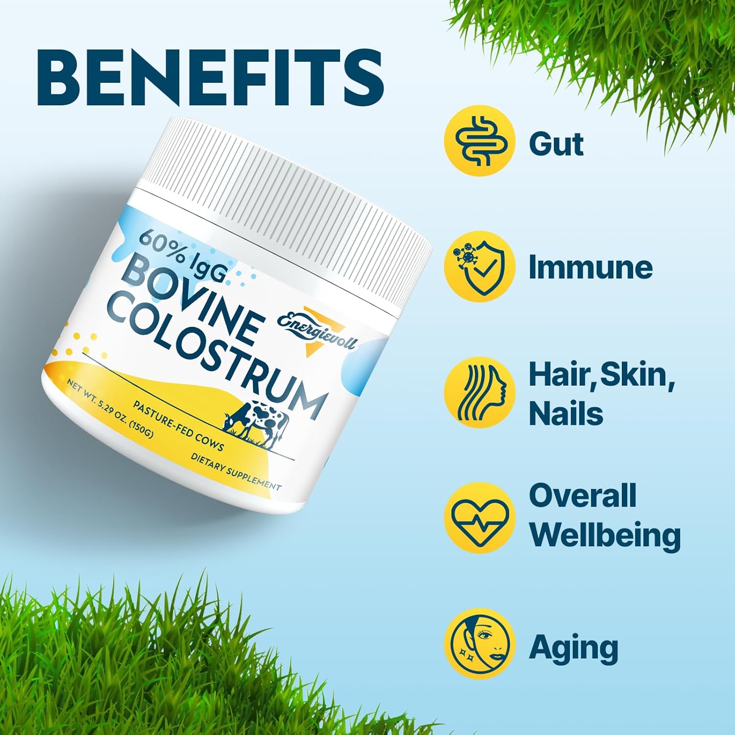 Energievoll Polvo de Calostro Bovino - 60% IgG 3000 mg - Sin Sabor - 50 Dosis