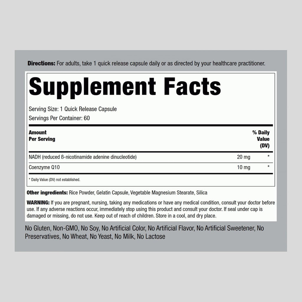 Piping Rock NADH CoQ10, 20 mg, 60 Cápsulas, Mega Fuerza, Sin OGM, Sin Gluten