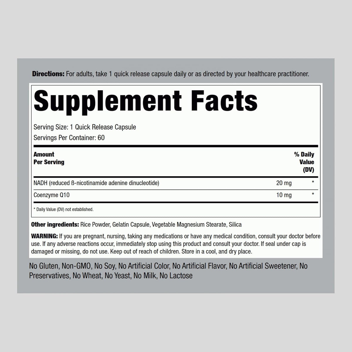 Piping Rock NADH CoQ10, 20 mg, 60 Cápsulas, Mega Strength, No OGM, Sin Gluten – Image 2
