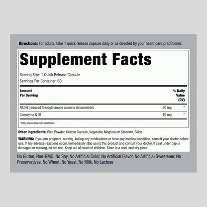 Piping Rock NADH CoQ10, 20 mg, 60 Cápsulas, Mega Strength, No OGM, Sin Gluten – Image 2