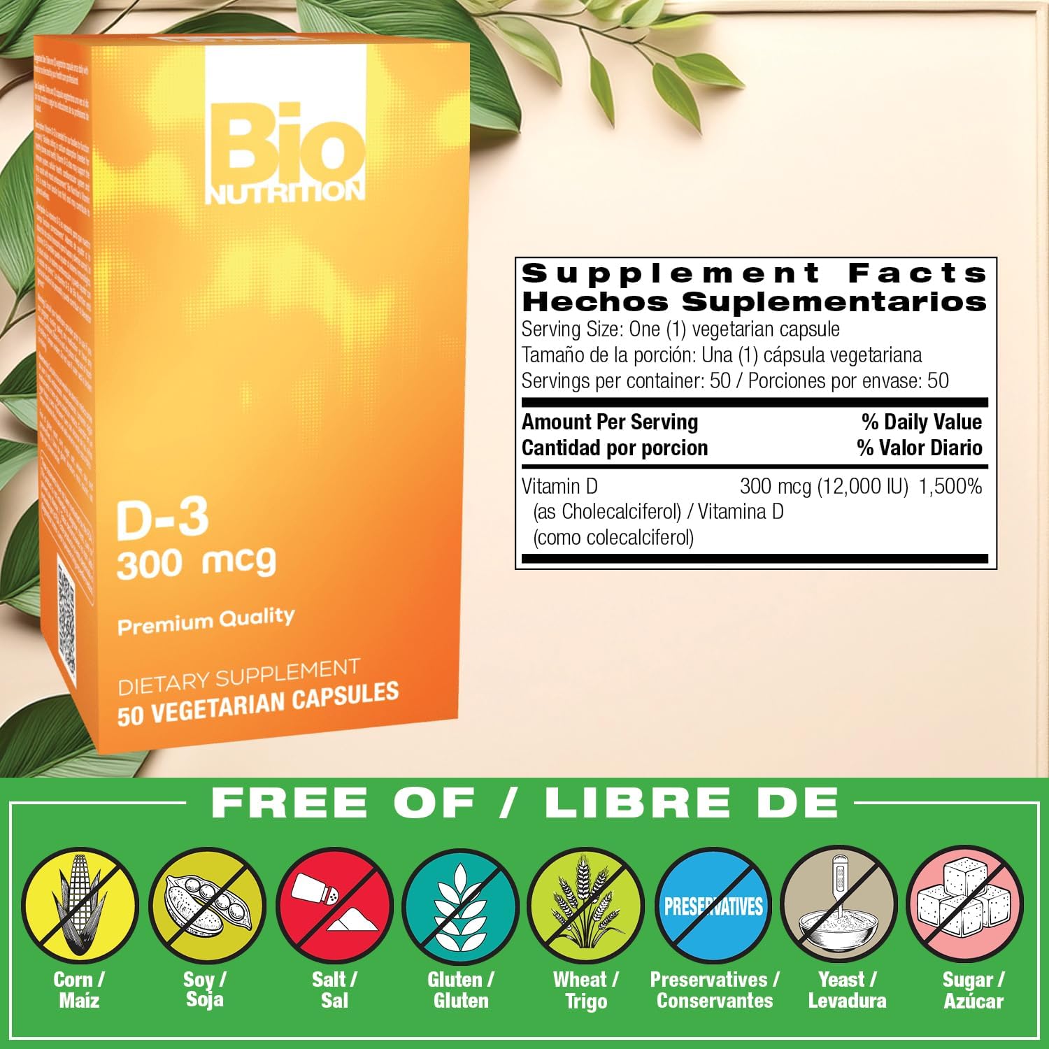 Bio Nutrition Vitamina D3 12,000 UI Cápsulas Vegetales, 50 Unidades