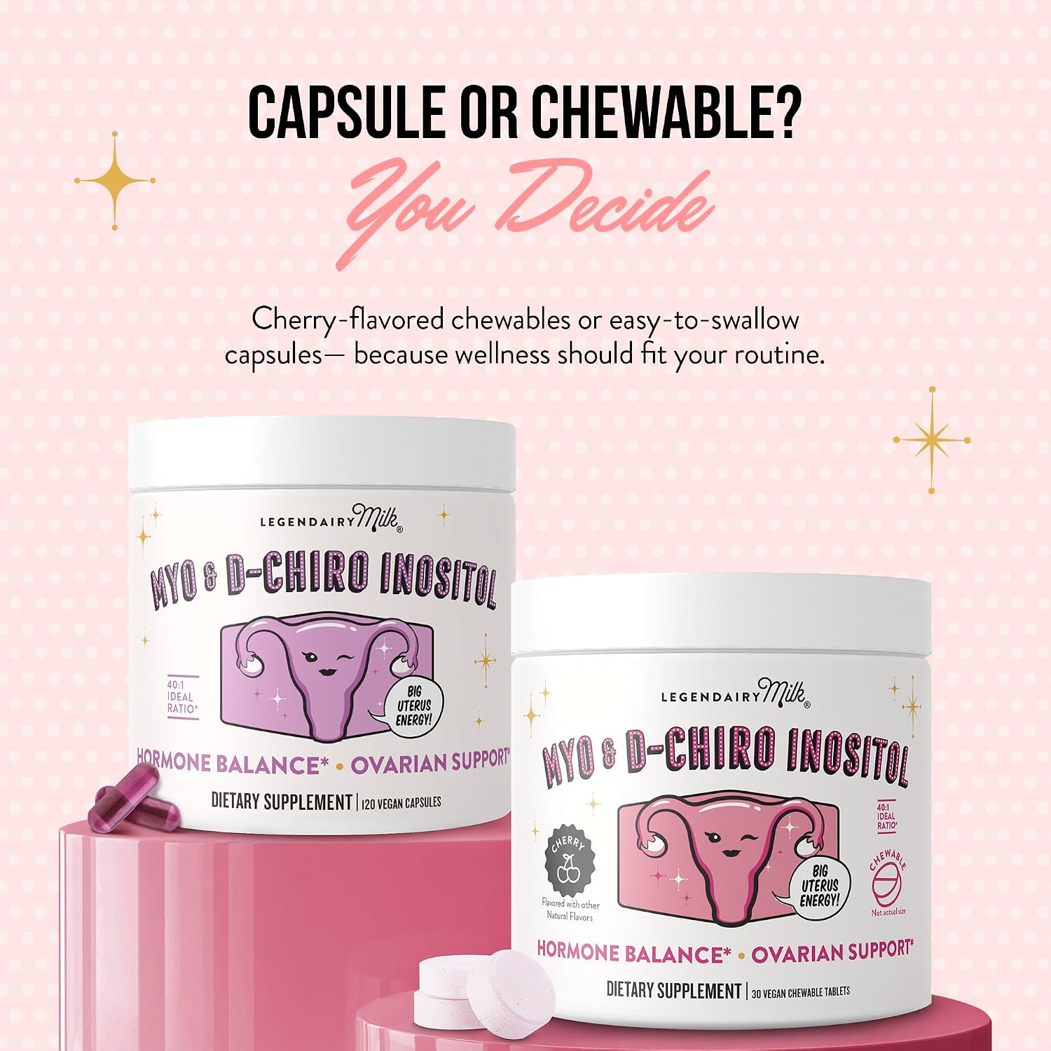 Legendairy Milk Myo Inositol and D Chiro Inositol Supplement for Women, 40:1 Ratio, Sugar Free Vegan Chewable Tablets, Cherry Flavor, 90 Day Supply, Pack of 3