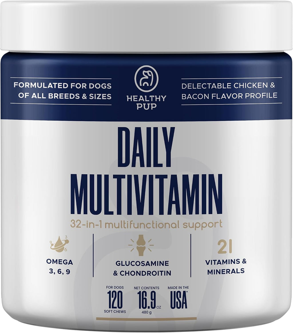 Suplemento multivitamínico para perros - 120 masticables blandos con Omega, Probióticos, Glucosamina y más - para perros pequeños, grandes y mayores