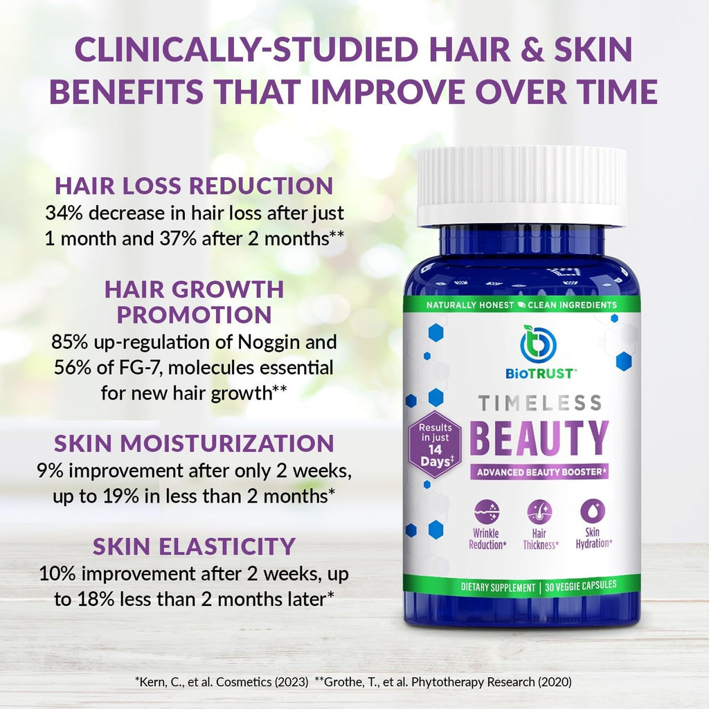BioTrust Timeless Beauty Ceramide Booster - Complemento de Fito Ceramidas para Cabello y Piel + Vitamina C, Vitamina E, Biotina, Zinc, Ácido Hialurónico - 30 Cápsulas