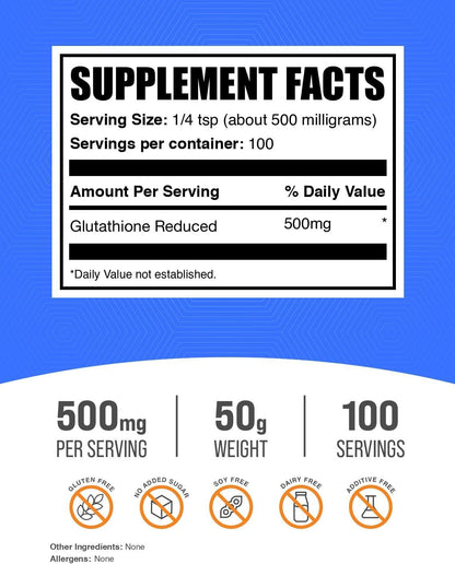 BulkSupplements.com Glutatión Reducido en Polvo - 500mg por ración, 50g – Image 2