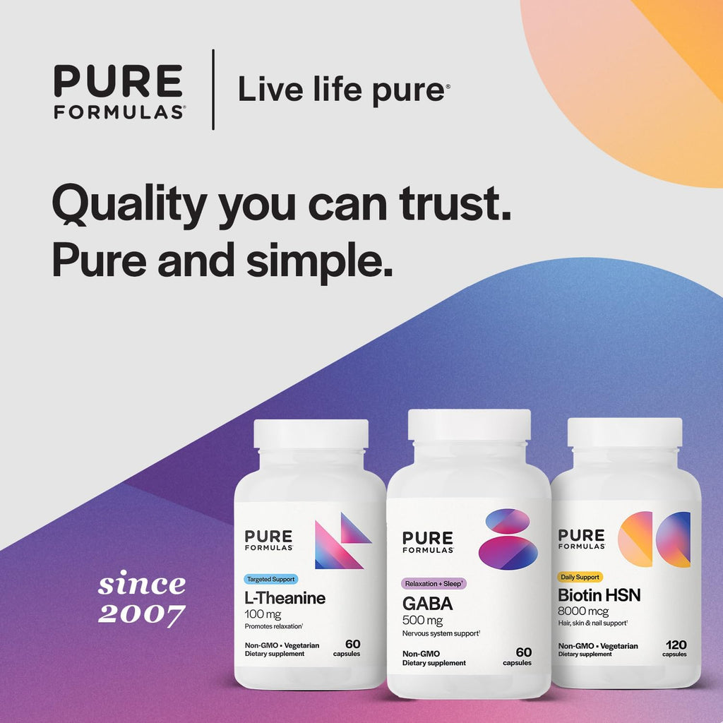 PureFormulas GABA 500 mg - 60 Cápsulas | Suplemento Alimenticio de GABA Natural (Ácido Gamma-Aminobutírico) | No OGM, Sin Gluten