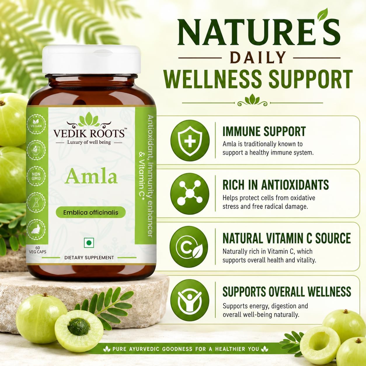 VEDIKROOTS Cápsulas de Amla 100% Orgánicas - Fuente Natural de Vitamina C - Complemento Alimenticio Herbal (60 Cápsulas, Pack de 2)