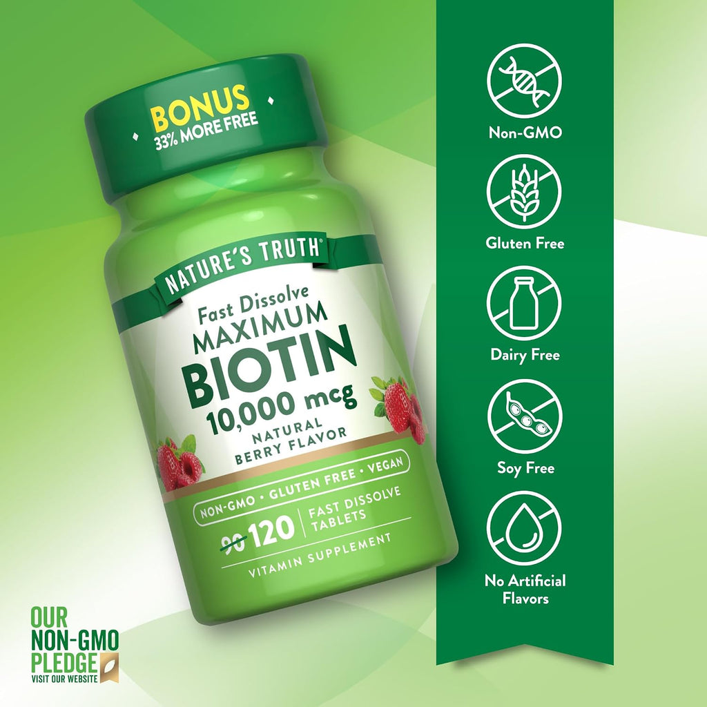 Nature's Truth Biotina 10000 mcg - 120 Comprimidos de Disolución Rápida - Alta Potencia - Vegano, Sin OGM y Sin Gluten