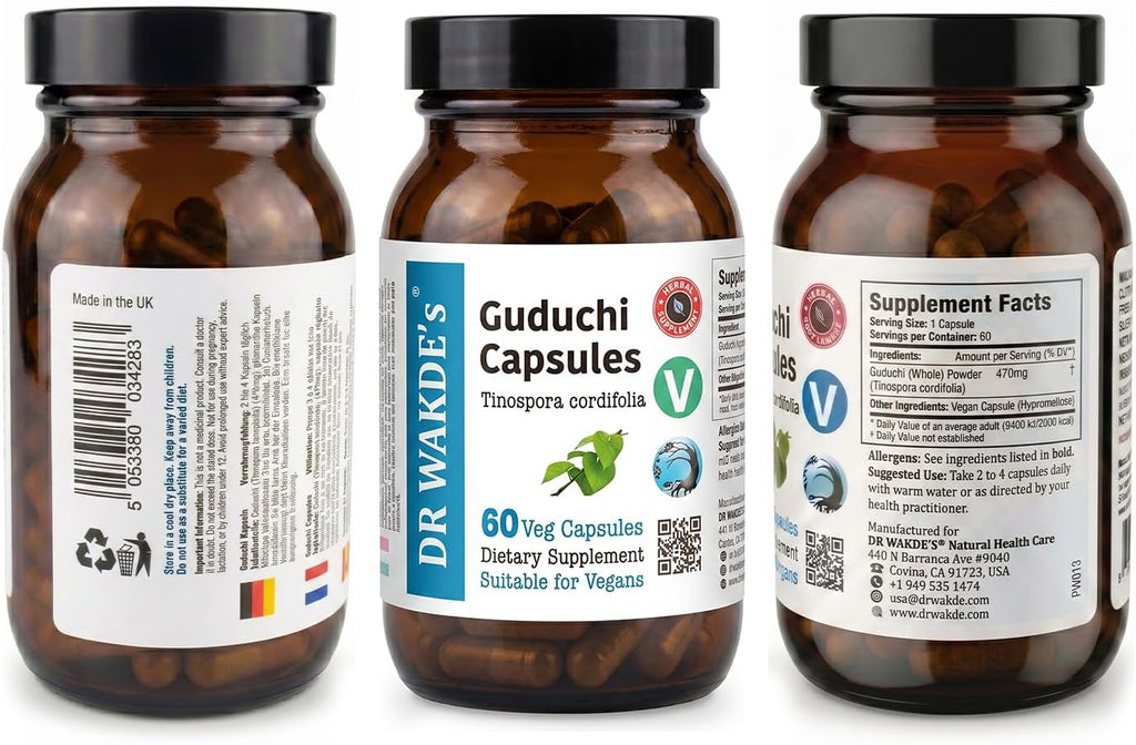 Cápsulas de Guduchi del DR WAKDE (Tinospora cordifolia, 60 cápsulas vegetales, suplemento a base de plantas, hierba ayurvédica, totalmente natural, vegano)
