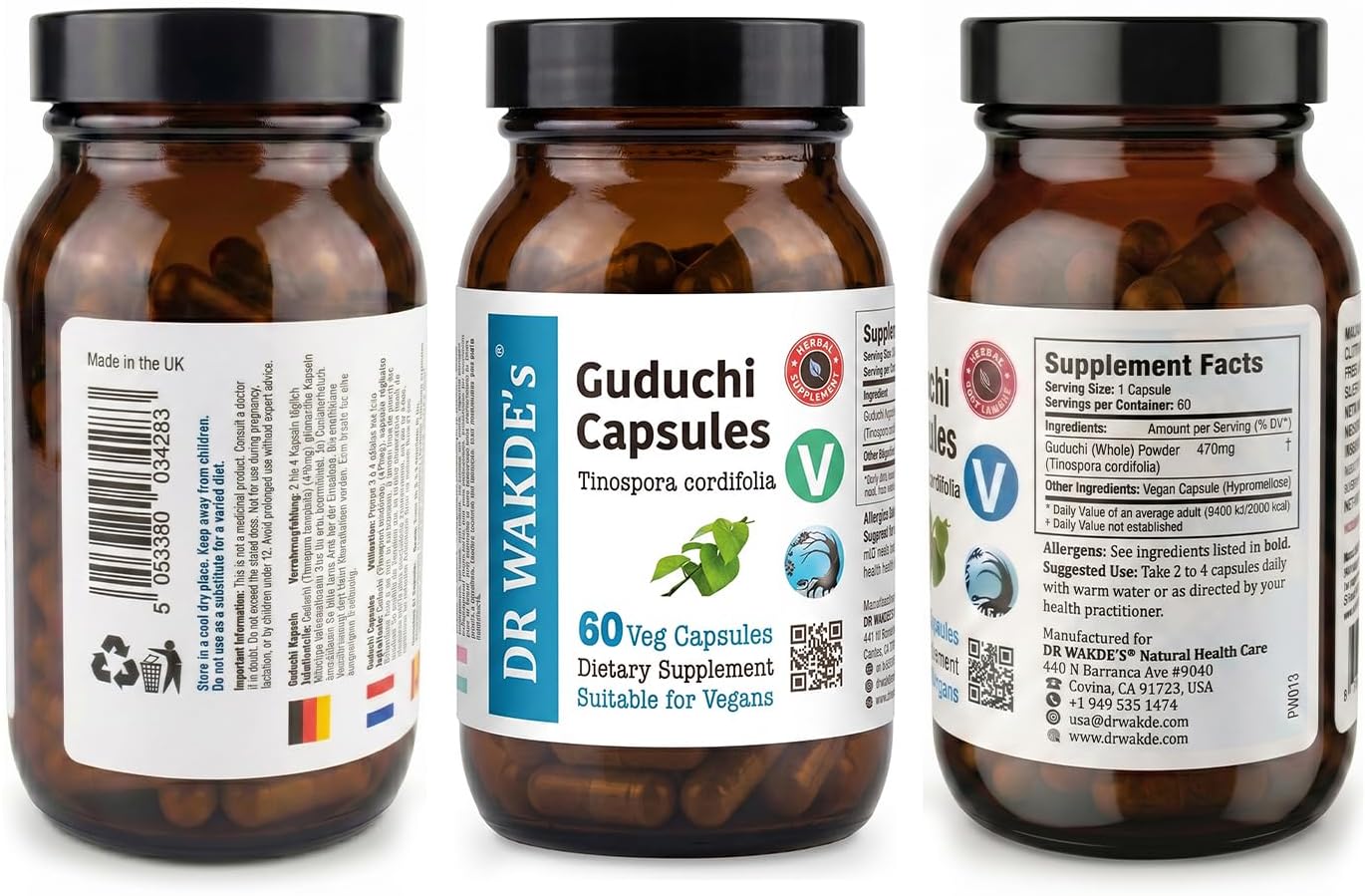 Cápsulas de Guduchi del DR WAKDE (Tinospora cordifolia, 60 cápsulas vegetales, suplemento a base de plantas, hierba ayurvédica, totalmente natural, vegano)