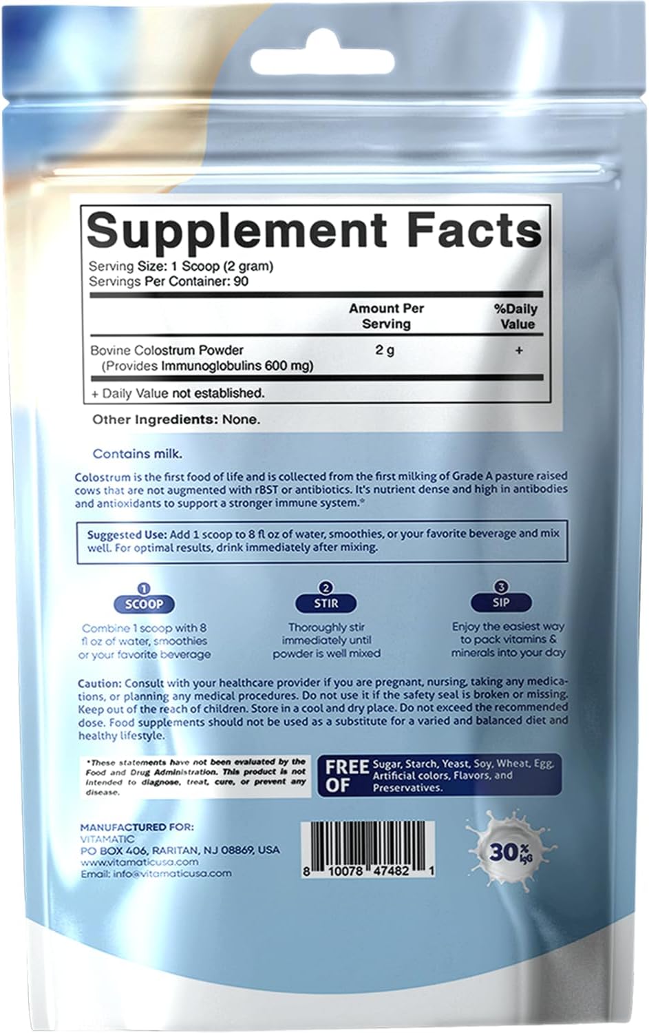 Vitamatic Calostro Bovino en Polvo 30% IgG - 180 g - Apoyo Inmunitario y Digestivo - Sin Sabor