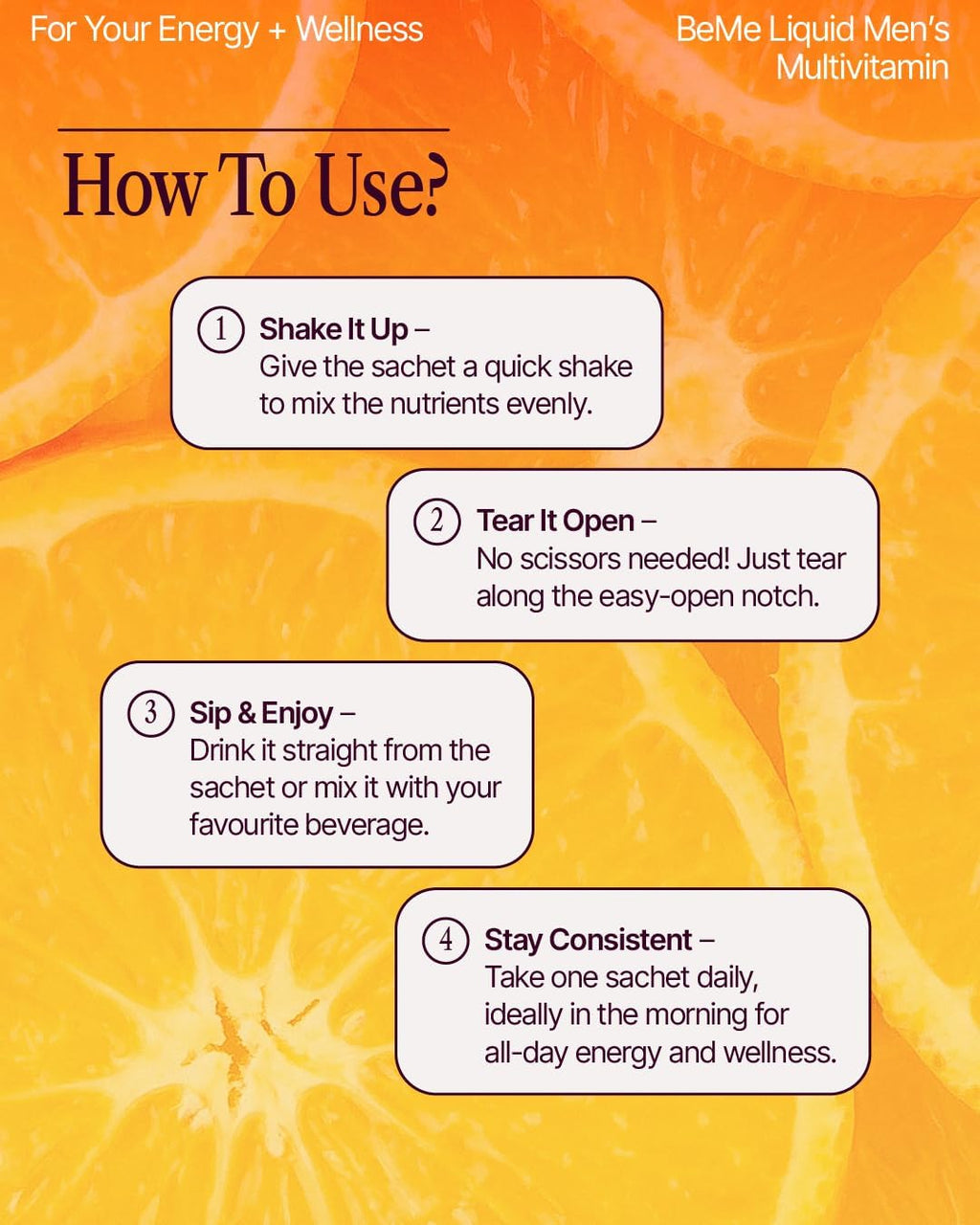 BeMe Multivitamínico Líquido para Hombres - Sistema de Administración Líquida Avanzada con 13 Vitaminas y Minerales - Sobres Individuales, No-GMO, Sabor Naranja (30 Sobres)