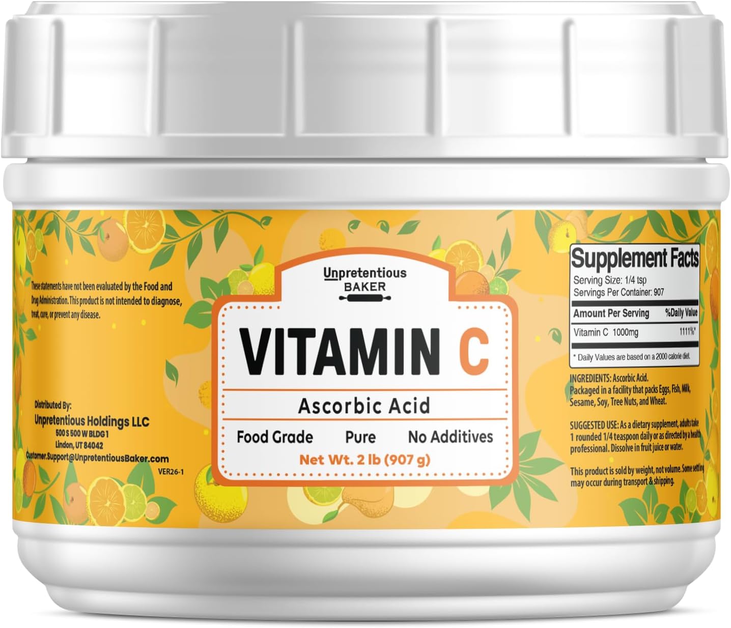 Unpretentious Vitamina C en Polvo (907 g) Ácido Ascórbico Puro, Envase Resellable