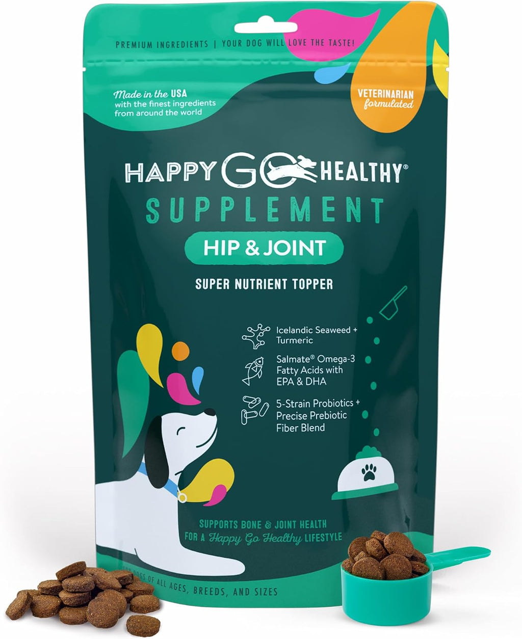 Suplemento para Articulaciones y Cadera para Perros | Happy Go Healthy | Apoya la Salud Articular y Movilidad | Ingredientes Naturales, Cobertura de Comida | 60 unidades
